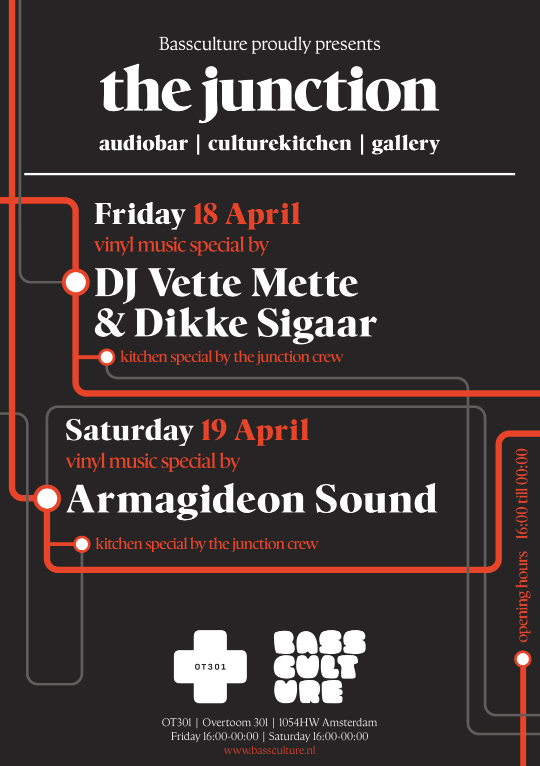The Junction audiobar Amsterdam @ OT301 by Bassculture, line up 18 april & 19 April 2025.